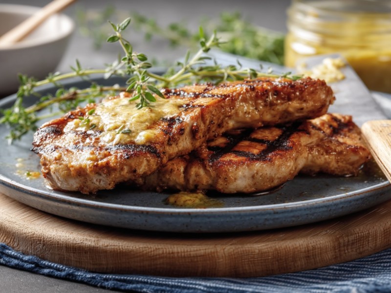 Zwei Schnitzel in Senfmarinade auf einem Teller.