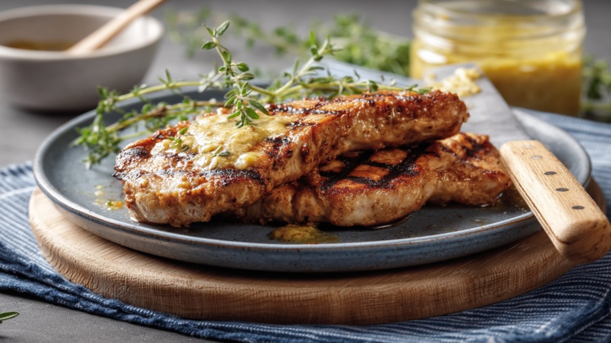 Zwei Schnitzel in Senfmarinade auf einem Teller.