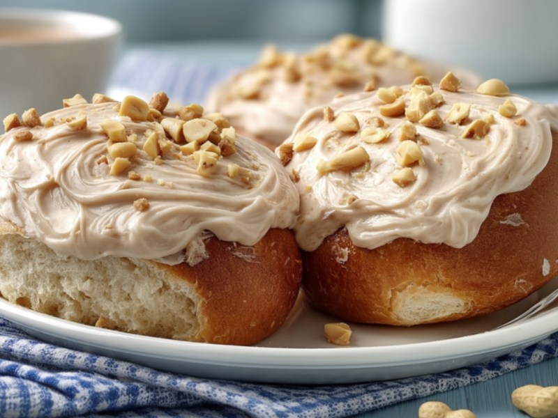 Zwei halbe Brötchen, mit Schoko-Erdnusscreme bestrichen, auf einem Teller.