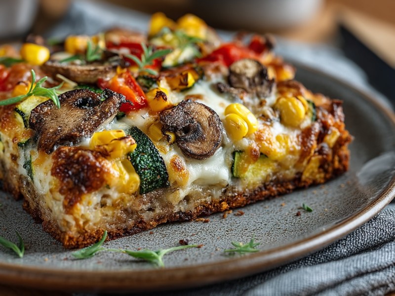 Ein Stück Schüttelpizza mit Gemüse auf einem Teller, Nahaufnahme.