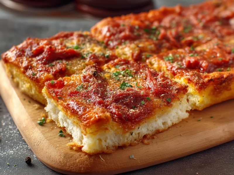 Eine in Stücke geschnittene Sfincione auf einem Holzbrett. Links neben dem Brett liegt Pfeffer, Rosmarin und ein Schälchen mit Tomatensoße.