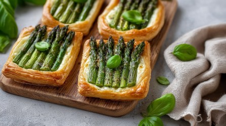 4 Spargel-Blätterteig-Tartes mit Käse auf einem Holzbrett, daneben ein Stofftuch und Basilikumblätter.