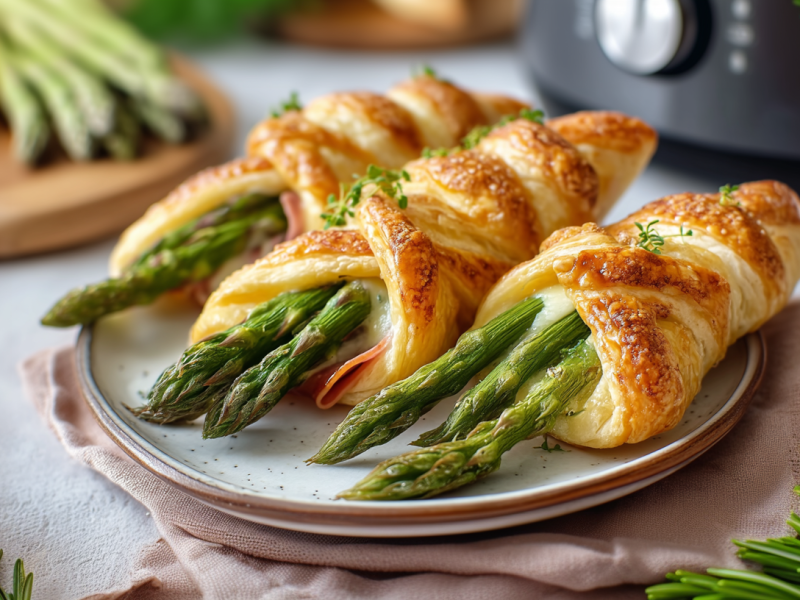 Drei Blätterteig-Spargeltaschen liegen auf einem grauen Teller. Der Teller steht auf einem Tuch. Im Vordergrund sieht man etwas frischen Rosmarin. Im Hintergrund steht ein Airfryer und man sieht noch mehr Spargelstangen.