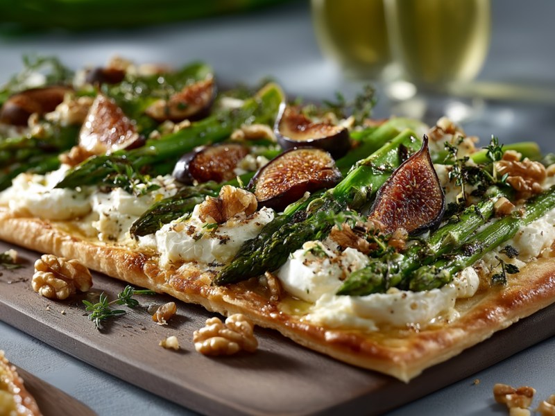 Ein dunkles Brett, auf dem ein Spargel-Flammkuchen mit Feigen und Camembert liegt. Ringsum liegen ein paar zerkleinerte Walnüsse und frische Kräuter. Im Hintergrund kann man zwei Gläser mit Weißwein und eine aufgeschnittene Feige erahnen.