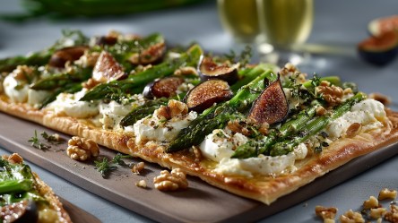 Ein dunkles Brett, auf dem ein Spargel-Flammkuchen mit Feigen und Camembert liegt. Ringsum liegen ein paar zerkleinerte Walnüsse und frische Kräuter. Im Hintergrund kann man zwei Gläser mit Weißwein und eine aufgeschnittene Feige erahnen.