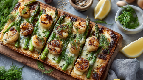 Ein Holzbrett mit einem aufgeschnittenen Spargel-Flammkuchen mit Garnelen, der mit frischem Dill garniert ist. Ringsum liegen Zitronenstücke, frischer Dill sowie eine Schale mit Pfefferkörnern.