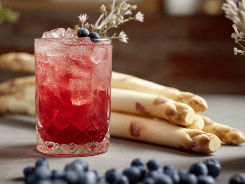 Ein Glas mit Spargel-Gin steht in der Mitte des Bildes. Im Hintergrund liegen einige Spargelstangen. Um das Glas herum liegen einige Blaubeeren verteilt.