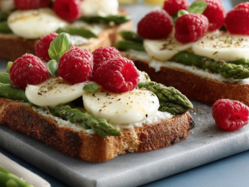 Mehrere Spargel-Himbeer-Toasts auf einem Brett.