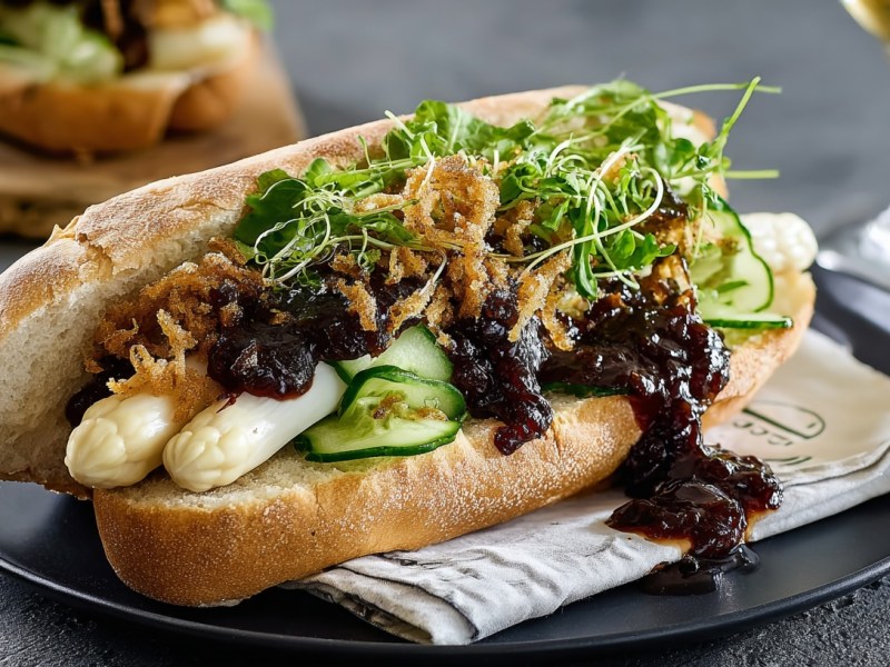 Spargel-Hotdog mit dunkler Soße, Salat und Gurkenscheiben auf einem Teller, im Hintergrund ein Glas und ein weiteres Hotdog.