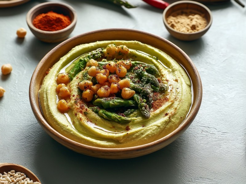 Schale mit Spargel-Hummus auf einem Tisch, Zutaten daneben