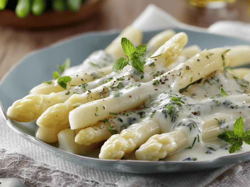 Spargel in Basilikum-Rahmsoße auf einem blauen Teller.