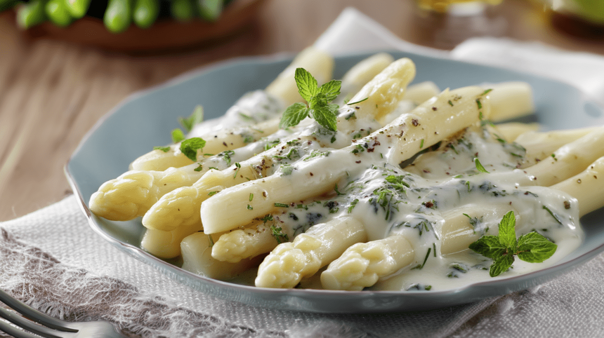 Spargel in Basilikum-Rahmsoße auf einem blauen Teller.