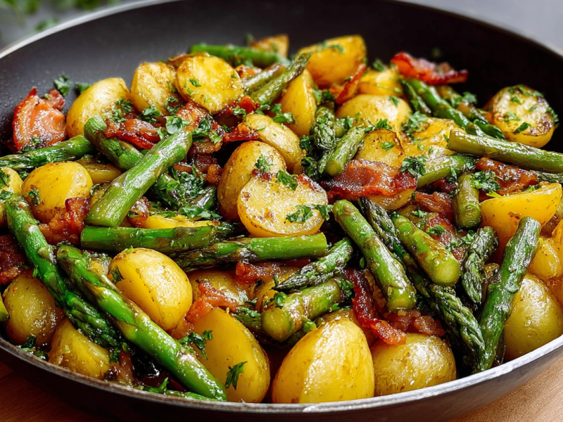 Eine Spargel-Kartoffel-Pfanne mit Speck und mit Petersilie garniert.