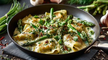 Eine Spargel-Maultaschen-Pfanne, die auf einem Stoffuntersetzer steht. Ringsum liegen einige Zutaten, unter anderem, grüner Spargel, Knoblauch und Schnittlauch verteilt.