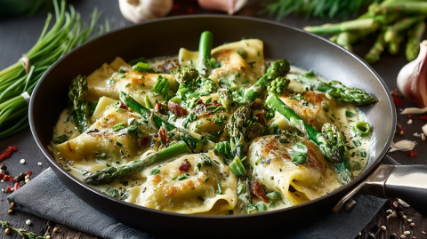 Eine Spargel-Maultaschen-Pfanne, die auf einem Stoffuntersetzer steht. Ringsum liegen einige Zutaten, unter anderem, grüner Spargel, Knoblauch und Schnittlauch verteilt.