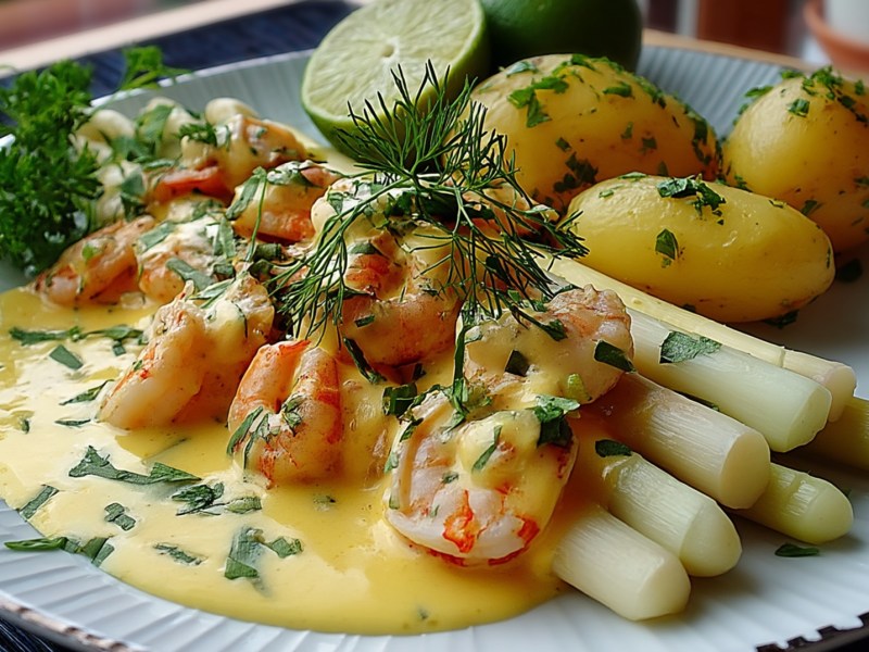 Teller mit Spargel mit Garnelen, Sauce hollandaise und Pellkartoffeln.