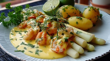 Teller mit Spargel mit Garnelen, Sauce hollandaise und Pellkartoffeln.