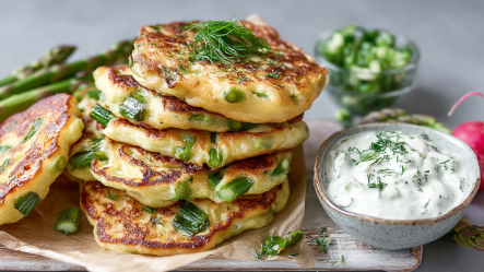 Ein Teller mit einem Stapel Spargel-Pancakes, die mit einem Schälchen Joghurt-Kräuter-Dip serviert werden. Es sind außerdem ein paar einzelne Spargelstangen auf dem Teller und eine Schale mit Kräutern im Hintergrund erkennbar.