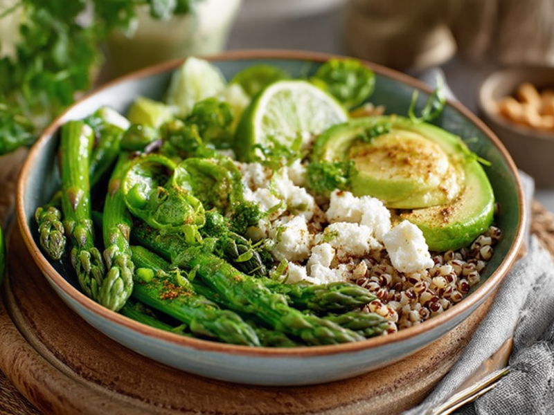 Eine Spargel-Quinoa-Bowl mit Limette und Feta.