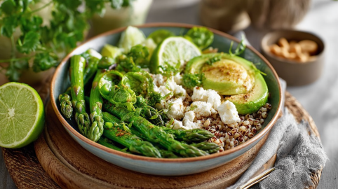 Eine Spargel-Quinoa-Bowl mit Limette und Feta.