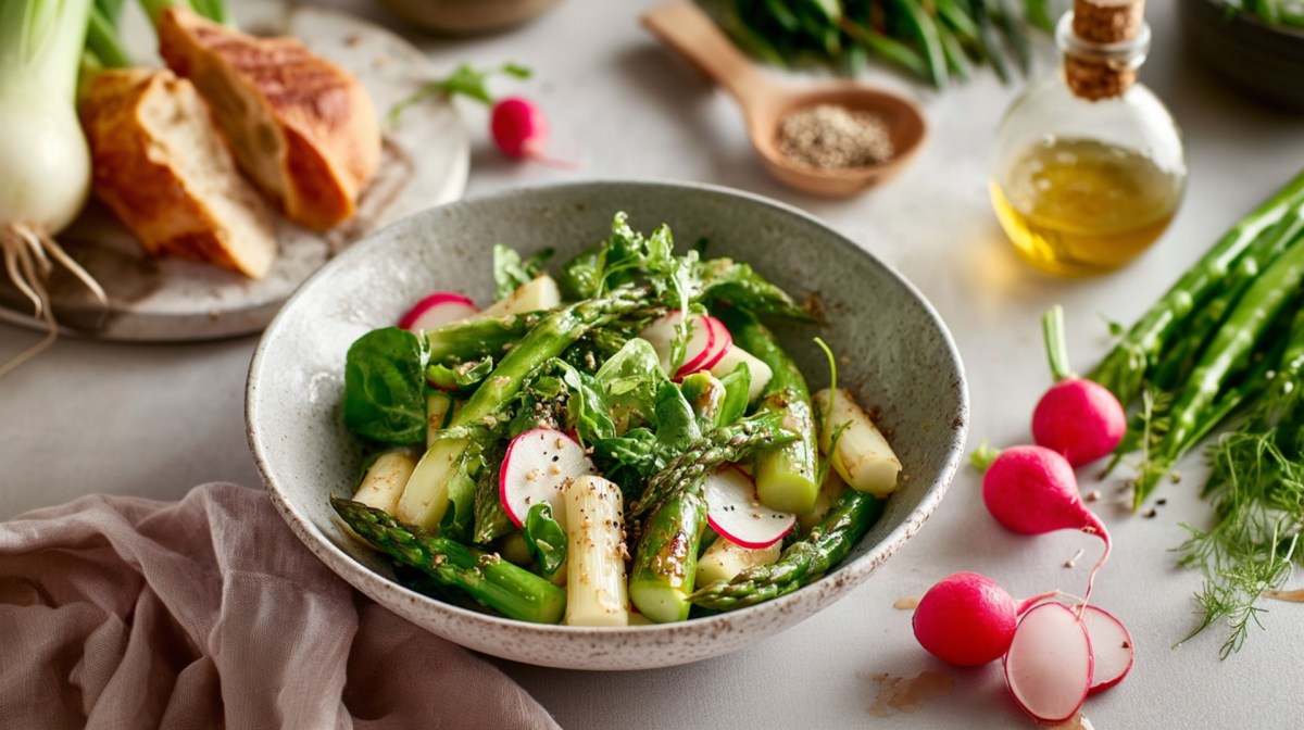 Teller mit Spargel-Radieschen-Salat, Zutaten daneben