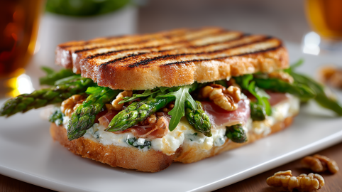 Ein Spargel-Sandwich vom Kontaktgrill auf einem weißen Teller serviert. Vor dem Teller liegen 2 Walnüsse.