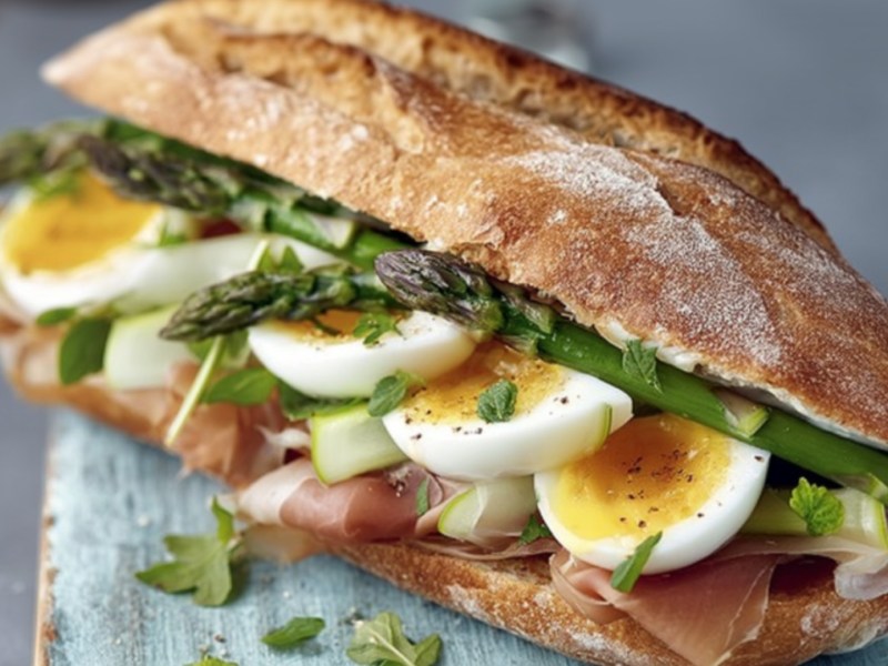 Ein Spargel-Schinken-Sandwich mit Ei.