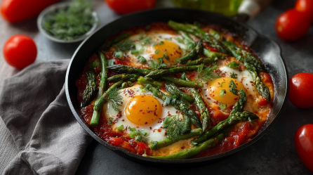 Eine Spargel-Shakshuka in einer Pfanne mit drei Eiern. Um die Pfanne herum liegen mehrere Tomaten verteilt. Die Pfanne steht auf einem grauen Küchentuch.