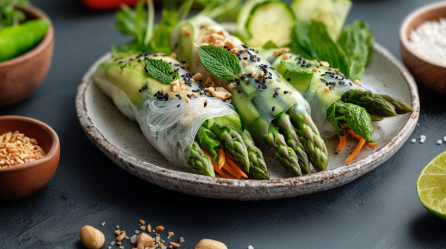 Drei Spargel-Sommerrollen liegen auf einem grauen Teller. Sie sind mit etwas Sesam sowie ghackten Erdnüssen bestreut. Vor dem Teller liegen ein paar weitere Erdnüssen. Um den grauen Teller herum stehen Schalen mit Zutaten. Links gehackte Erdnüsse, im Hintergrund Salat, rechts Salz. Außerdem liegt rechts noch eine aufgeschnittene Limette.