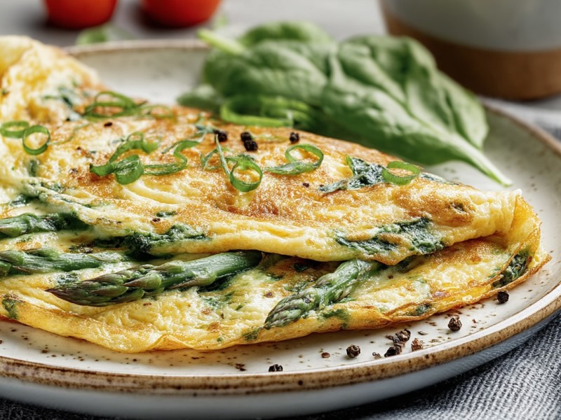 Ein Spargel-Spinat-Omelett auf einem Teller, bestreut mit Frühlingszwiebeln, daneben eine Gabel. Nahaufnahme.