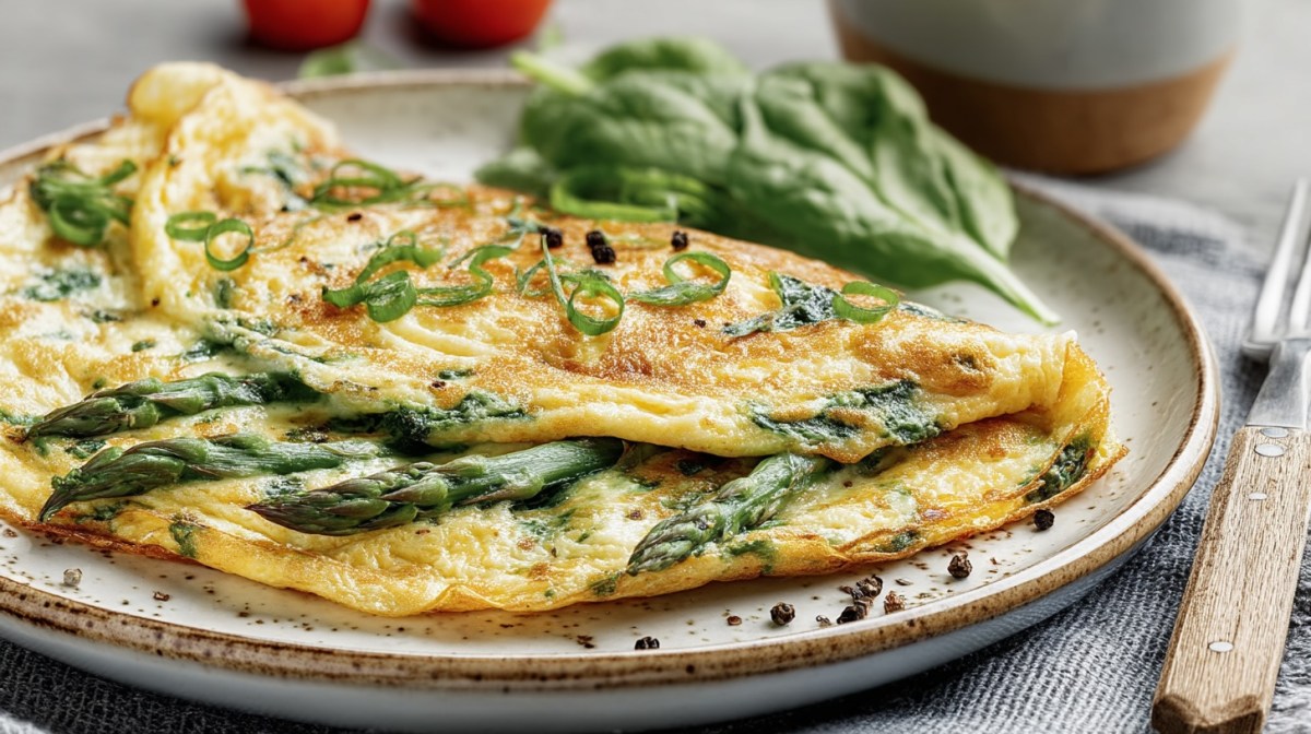 Ein Spargel-Spinat-Omelett auf einem Teller, bestreut mit Frühlingszwiebeln, daneben eine Gabel. Nahaufnahme.