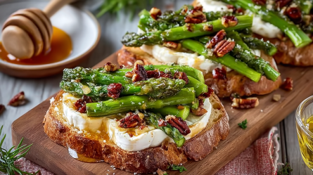Ein Holzbrett mit mehreren Scheiben Spargel-Toast mit Camembert, die mit Honig und Nüssen garniert sind. Im Hintergrund kann man einen Teller mit einem Honiglöffel aus Holz und Honig erkennen.
