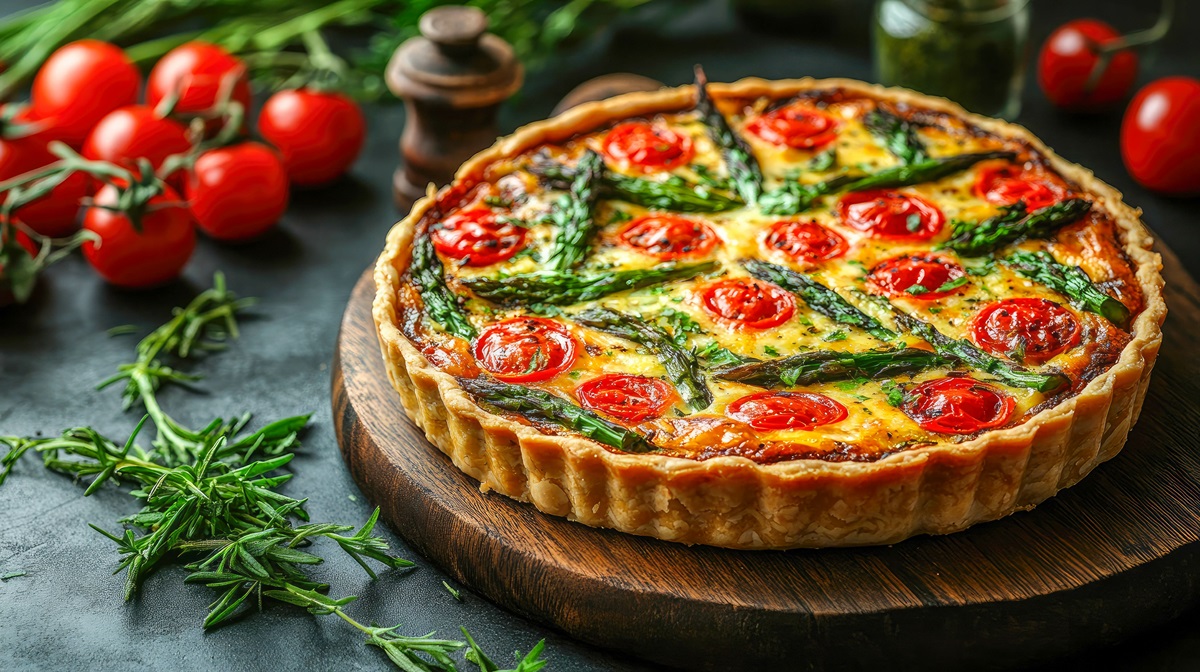 Spargel-Tomaten-Quiche auf einem Holzbrett