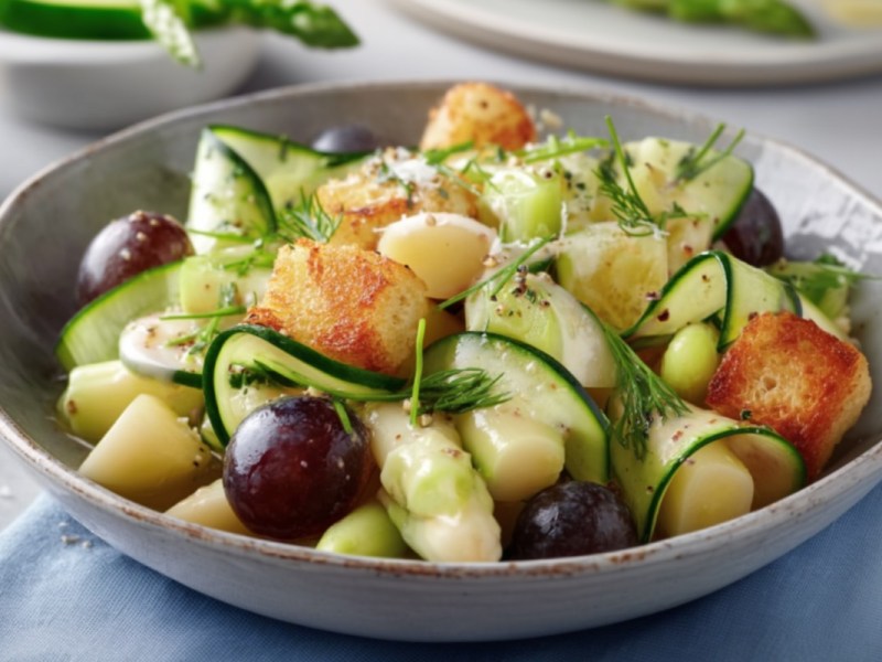 Eine Schüssel Lauwarmer Spargel-Trauben-Salat mit Croûtons in der Draufsicht.