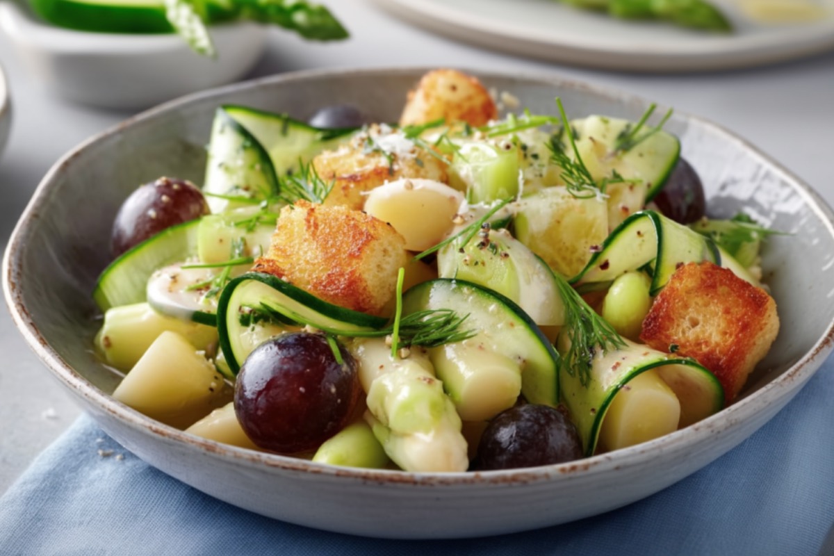 Eine Schüssel Lauwarmer Spargel-Trauben-Salat mit Croûtons in der Draufsicht.
