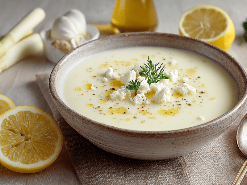 Eine Schale Spargel-Zitronen-Suppe mit Feta. Drum herum liegen Knoblauch, Zitronen und Spargel.