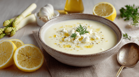 Eine Schale Spargel-Zitronen-Suppe mit Feta. Drum herum liegen Knoblauch, Zitronen und Spargel.