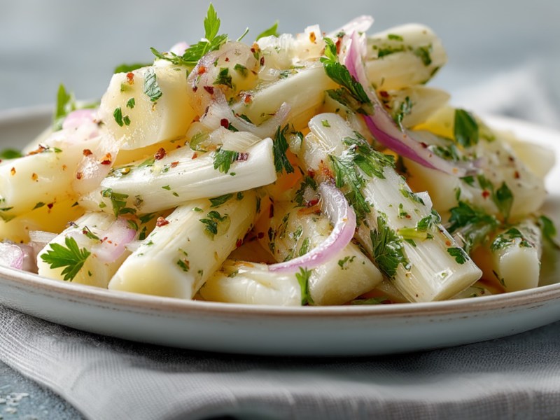 Ein Teller voll Spargelsalat mit Zwiebeln und Petersilie.