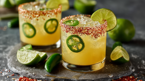 Zwei Gläser Spicy Margarita mit Jalapeño. Um die Gläser liegen Limettenspalten und Jalapeño-Schoten.