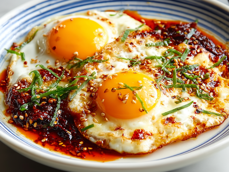 Zwei Spiegeleier mit Chiliöl nd Frühlingszwiebeln auf einem blau-weißen Teller.