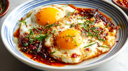 Zwei Spiegeleier mit Chiliöl nd Frühlingszwiebeln auf einem blau-weißen Teller.