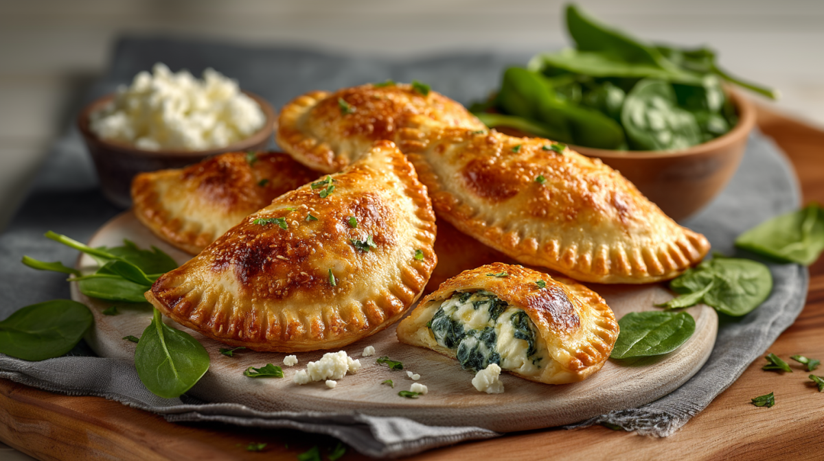Seches Spinat-Ricotta-Panzerotti liegen auf einem Holzuntersetzer. Eine ist aufgeschnitten und gibt den Blick auf die Füllung frei. Um sie herum verteilt liegt frische Spinat und im Hintergrund ein Schälchen mit Ricotta.