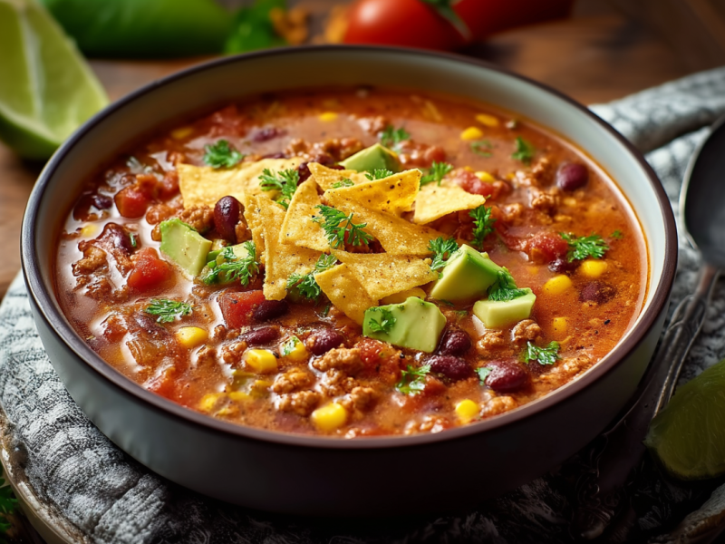 Eine Schale Taco-Suppe steht auf einem Küchentuch. Daneben liegt ein Löffel sowie ein Limettenstück. Im Hintergrund liegen weitere Limetten und Tomaten.
