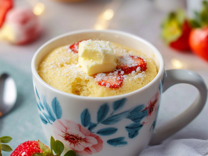 Ein Tassen-Pfannkuchen auf einem hellen Untergrund in einer Tasse mit Blumen. Drumherum liegen Erdbeeren.