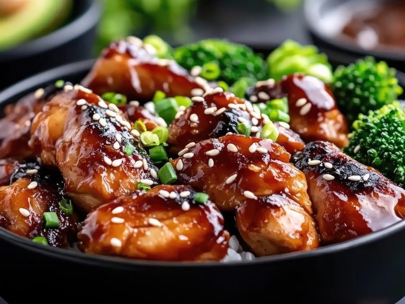 Schale mit Teriyaki-Hühnchen aus dem Ofen mit gedämpften Brokkoli