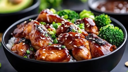Schale mit Teriyaki-Hühnchen aus dem Ofen mit gedämpften Brokkoli