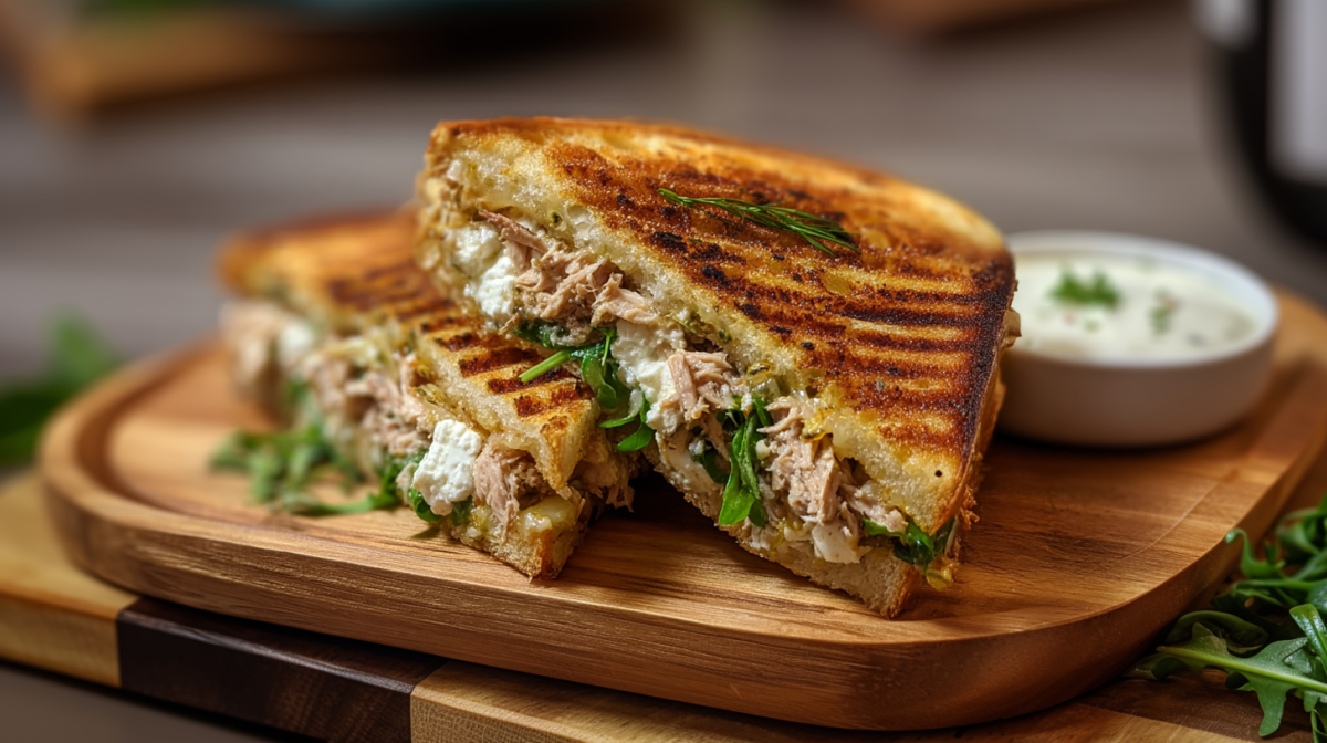 Zwei Thunfisch-Feta-Sandwiches liegen auf einem Holzbrett. Hinter ihnen steht eine kleine Schale mit Dip. Rechts neben dem Brett liegt etwas frischer Rucola.