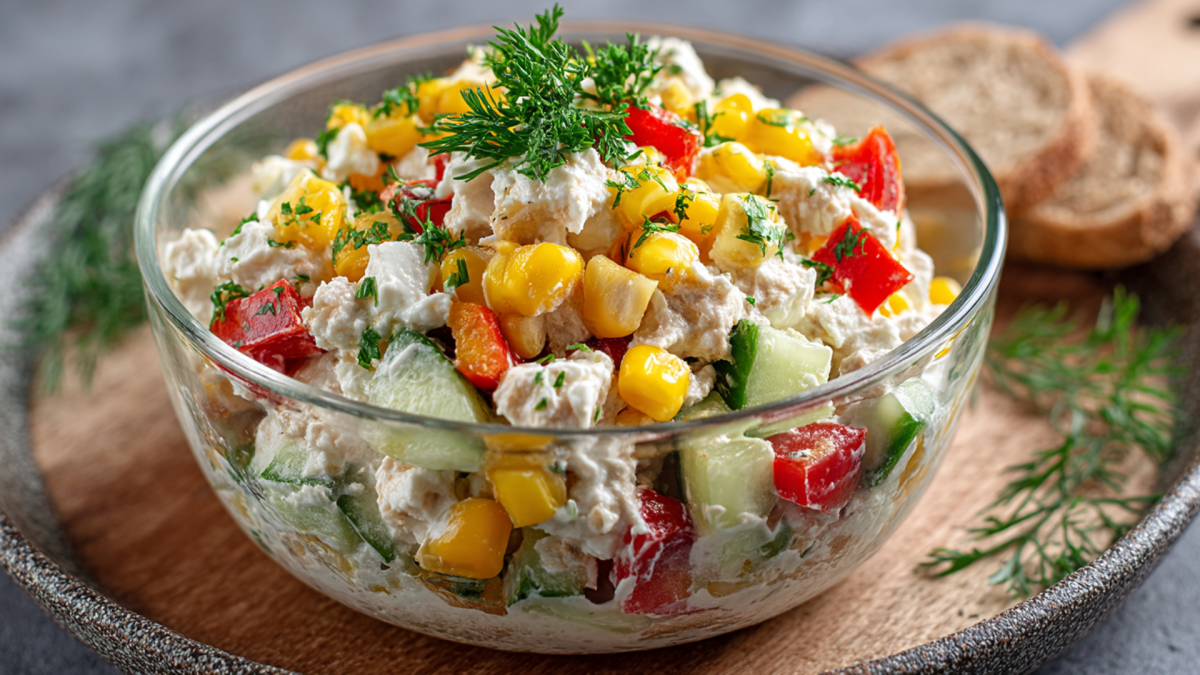 Eine Glasschüssel mit Thunfischsalat mit Hüttenkäse. Die Schüssel steht auf einem Holzteller. Es liegen auch ein paar Scheiben Brot auf dem Teller und einige frische Kräuter.