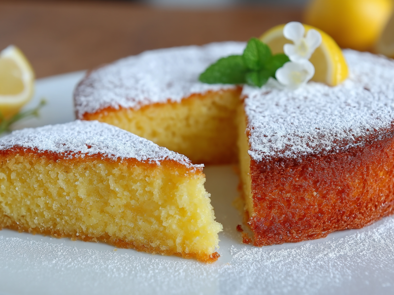 Torta Caprese al Limone, von dem bereits ein Stück abgeschnitten wurde.