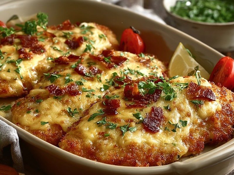 Auflaufform mit Überbackene Schnitzel mit Käse und Speck